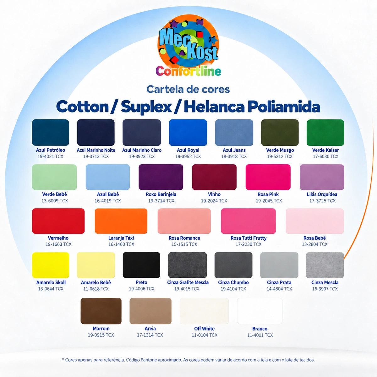 Cores · Cotton, Suplex e Helanca