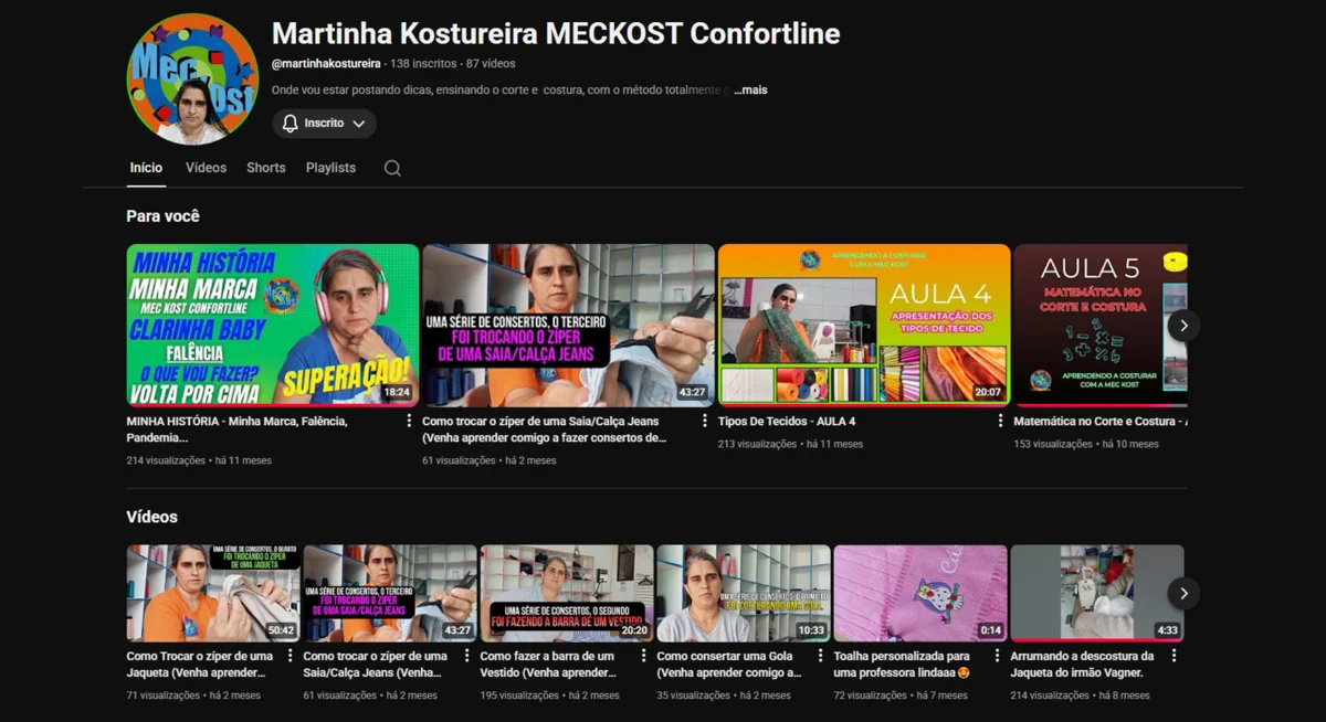 Página do canal Martinha Kostureira, com vídeos de costura e bastidores da MecKost